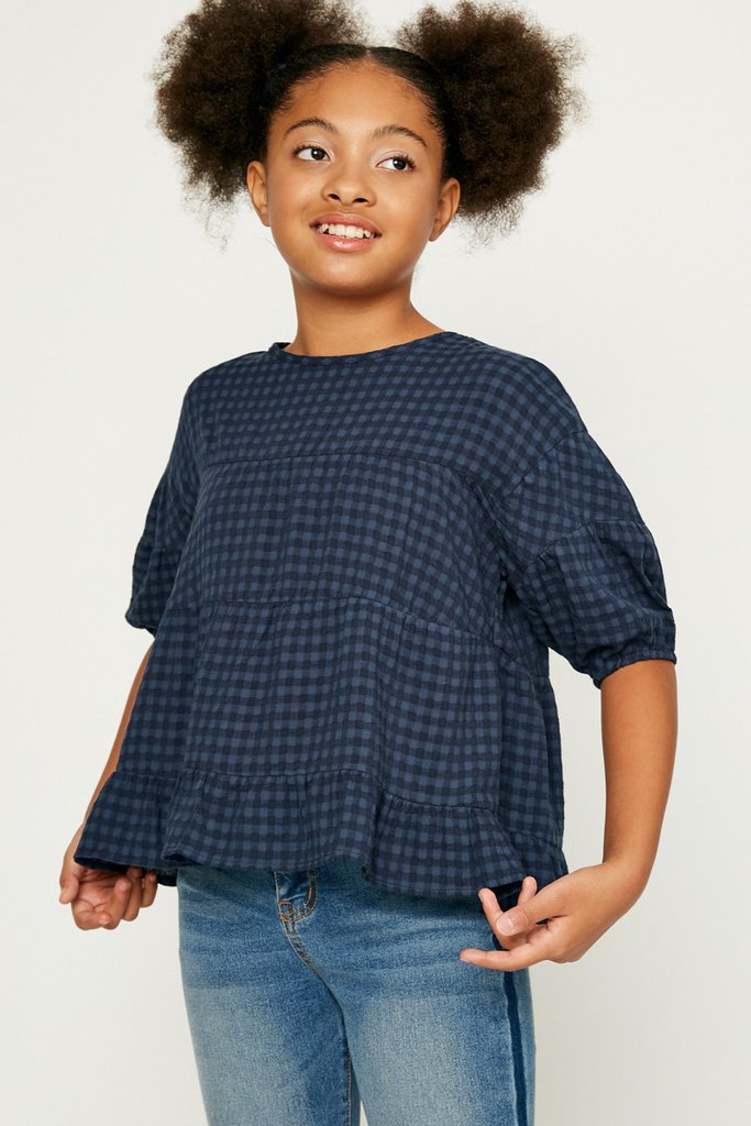 Plaid Ruffle Puff Sleeve Top  - Doodlebug's Children's Boutique
