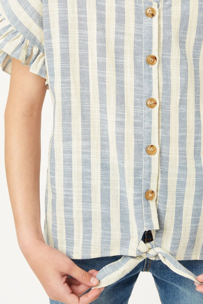 Blue Stripe Linen Button Down Top  - Doodlebug's Children's Boutique
