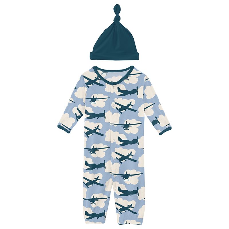 Print Layette Gown Converter and Knot Hat Set in Pond Planes  - Doodlebug's Children's Boutique