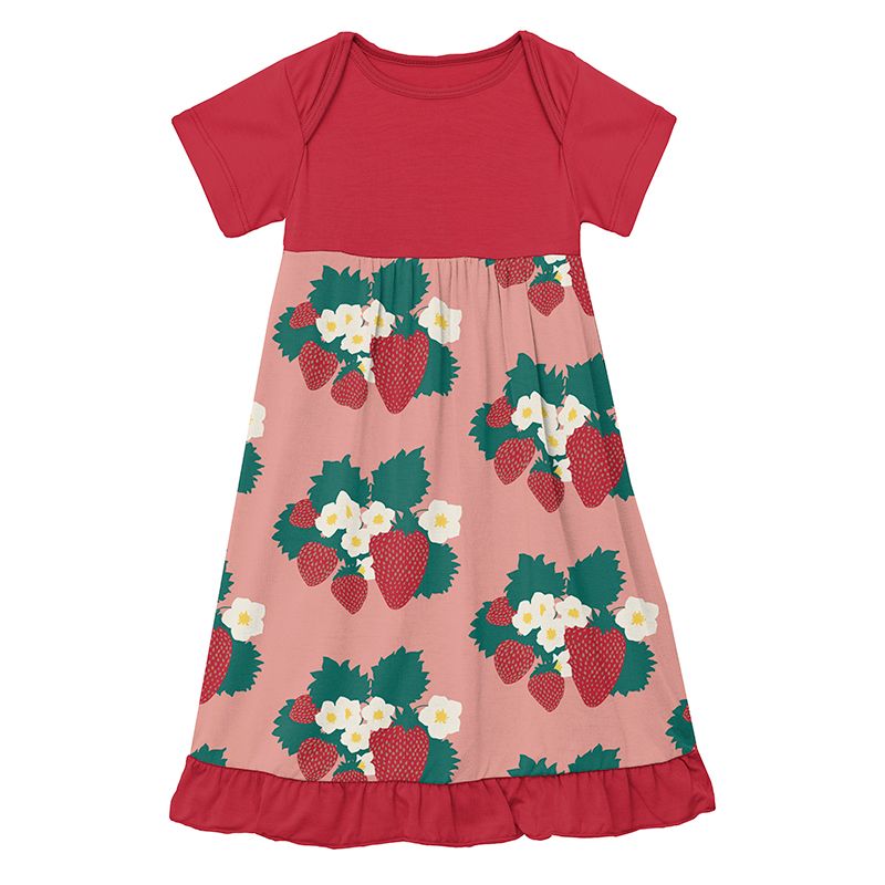 Print Short Sleeve One Piece Dress Romper in Blush Strawberry Farm  - Doodlebug's Children's Boutique