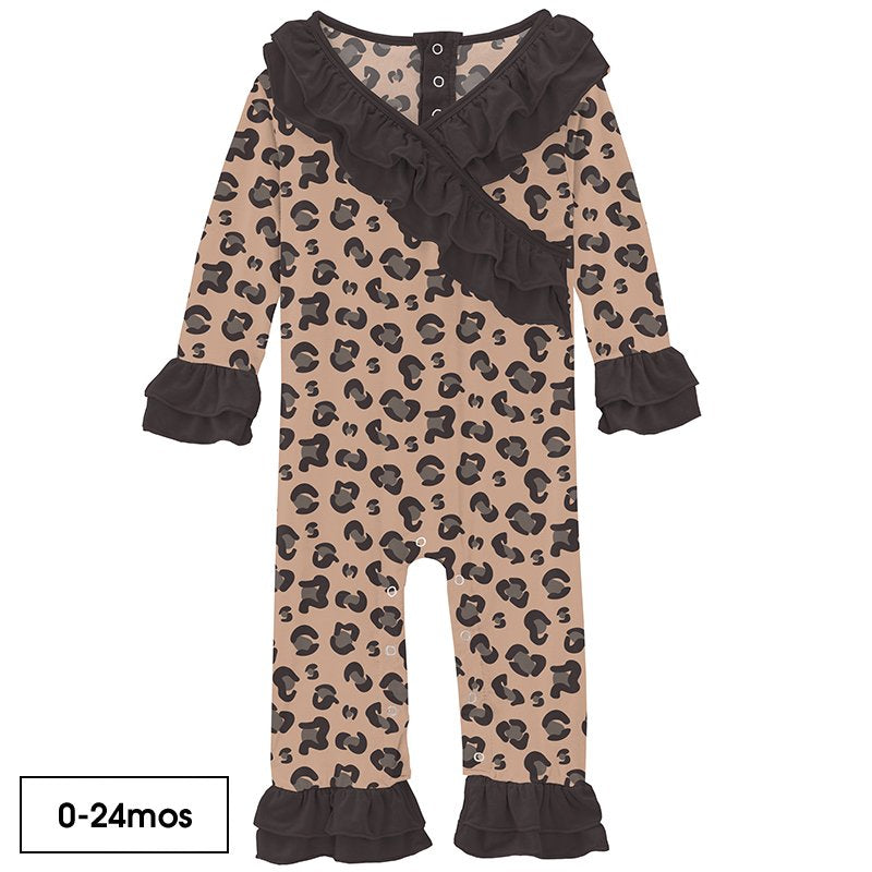 Print Long Sleeve Kimono Double Ruffle Romper in Suede Cheetah Print  - Doodlebug's Children's Boutique