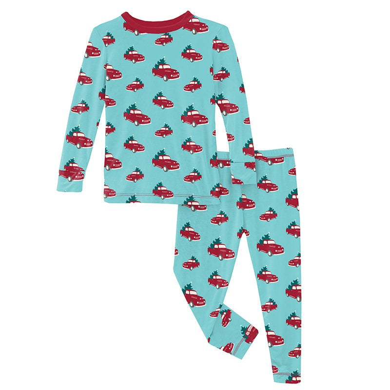 Print Long Sleeve Pajama Set in Iceberg Trucks and Trees  - Doodlebug's Children's Boutique