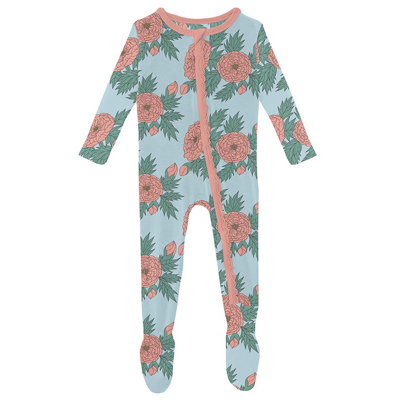Print Muffin Ruffle Footie with Zipper in Spring Sky Floral  - Doodlebug's Children's Boutique
