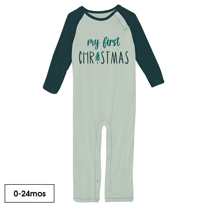 Long Sleeve Graphic Raglan Romper in Aloe First Christmas  - Doodlebug's Children's Boutique