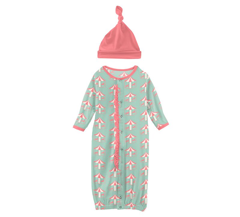 Print Ruffle Layette Gown Converter and Knot Hat Set in Pistachio Carousel  - Doodlebug's Children's Boutique