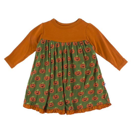 Print Classic Long Sleeve Swing Dress in Moss Jack O'Lantern  - Doodlebug's Children's Boutique