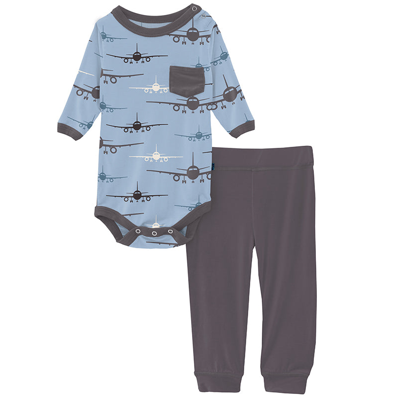 Print Long Sleeve Pocket One Piece & Pants Outfit Set in Pond Airplanes  - Doodlebug's Children's Boutique
