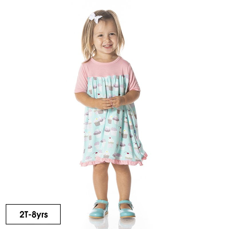 Print Classic Short Sleeve Swing Dress in Summer Sky Cupcakes  - Doodlebug's Children's Boutique