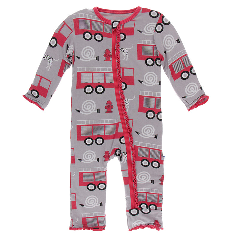 Print Muffin Ruffle Coverall with Zipper in Feather Firefighter  - Doodlebug's Children's Boutique