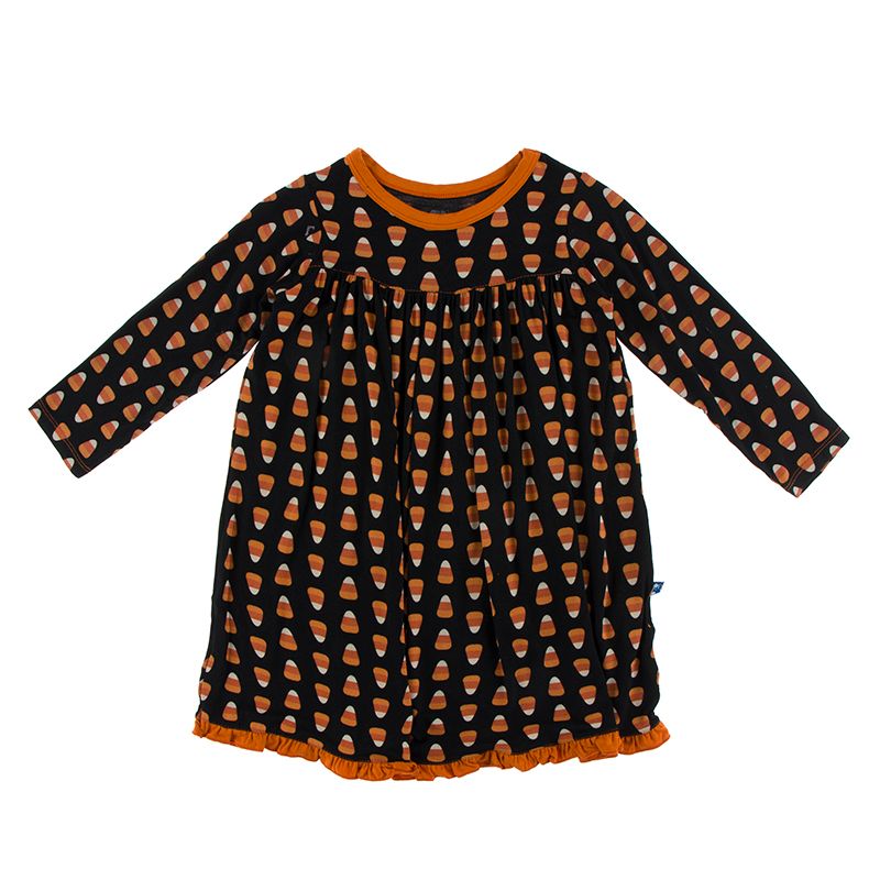Print Classic Long Sleeve Swing Dress in Midnight Candy Corn  - Doodlebug's Children's Boutique