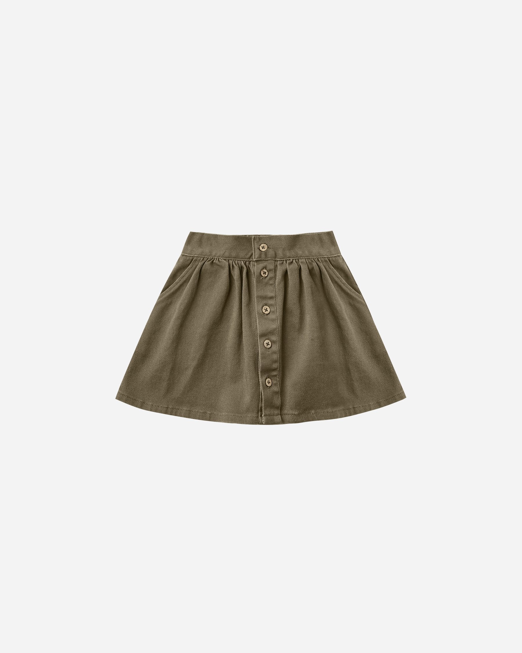 Button Front Mini Skirt in Olive  - Doodlebug's Children's Boutique