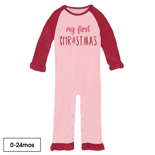 Graphic Ruffle Raglan Romper in Lotus First Christmas  - Doodlebug's Children's Boutique