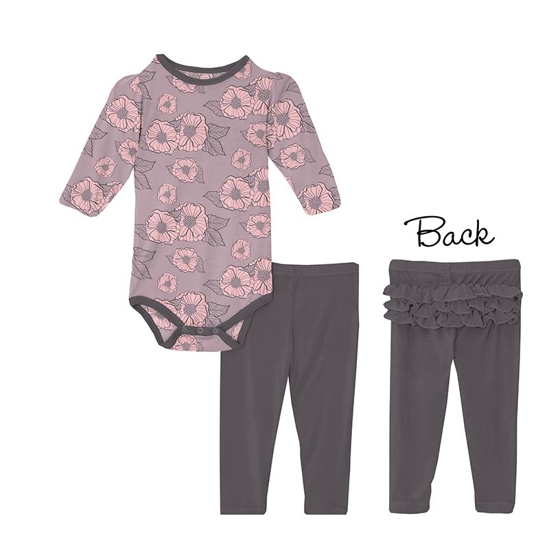 Print Long Sleeve Puff One Piece & Ruffle Leggings Set in Sweet Pea Poppies  - Doodlebug's Children's Boutique