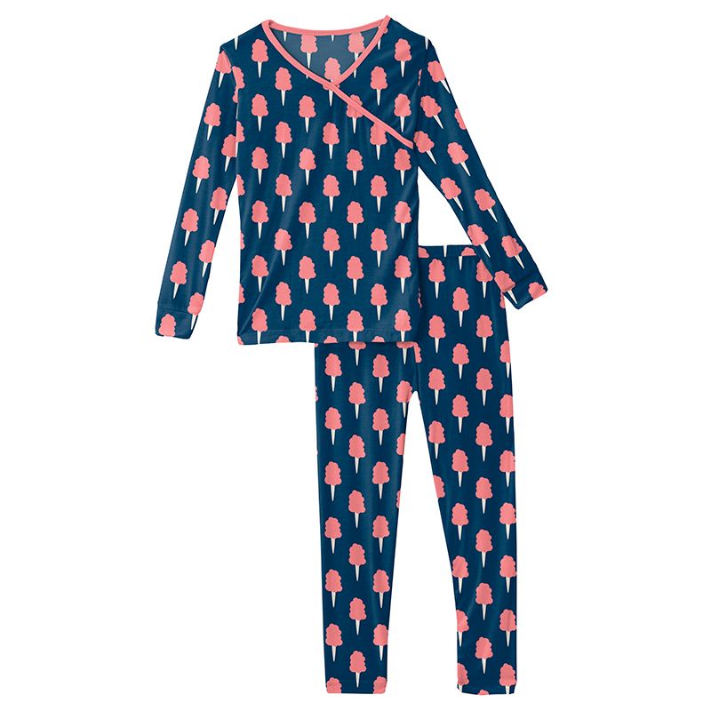 Print Long Sleeve Scallop Kimono Pajama Set in Navy Cotton Candy  - Doodlebug's Children's Boutique