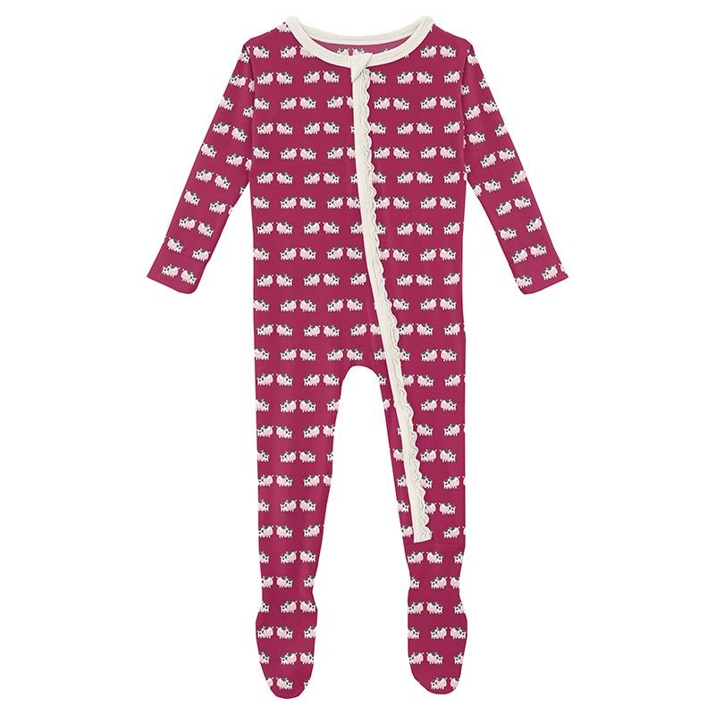 Print Muffin Ruffle Footie with Zipper in Berry Cow  - Doodlebug's Children's Boutique