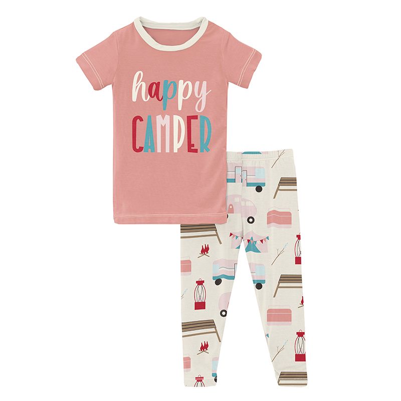Short Sleeve Graphic Tee Pajama Set in Natural Camping  - Doodlebug's Children's Boutique