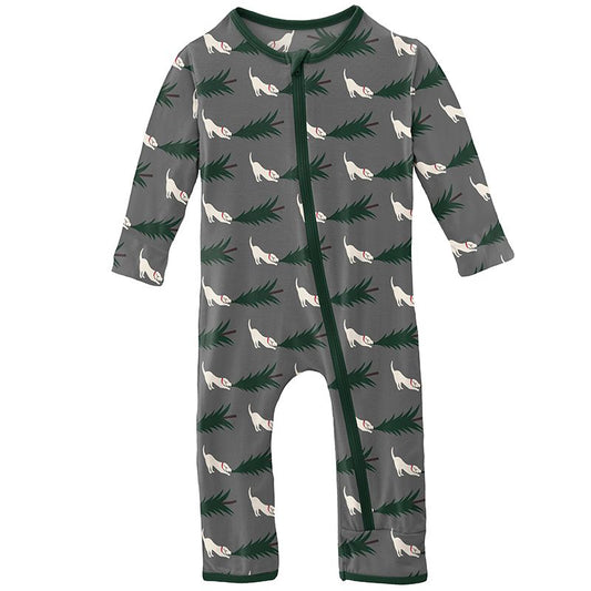 Print Coverall with Zipper in Pewter Christmas Tree Drag  - Doodlebug's Children's Boutique