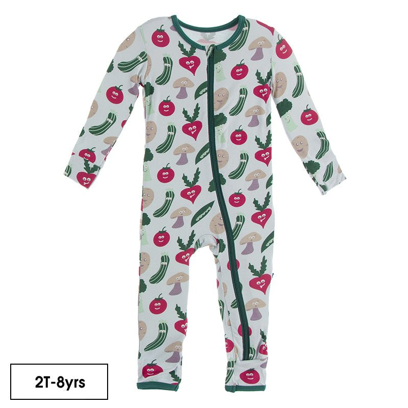 Print Coverall with Zipper in Illusion Blue Happy Veggies  - Doodlebug's Children's Boutique
