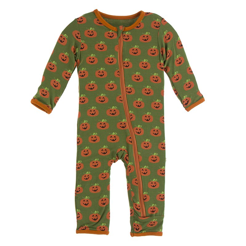 Print Coverall with Zipper in Moss Jack O'Lantern  - Doodlebug's Children's Boutique