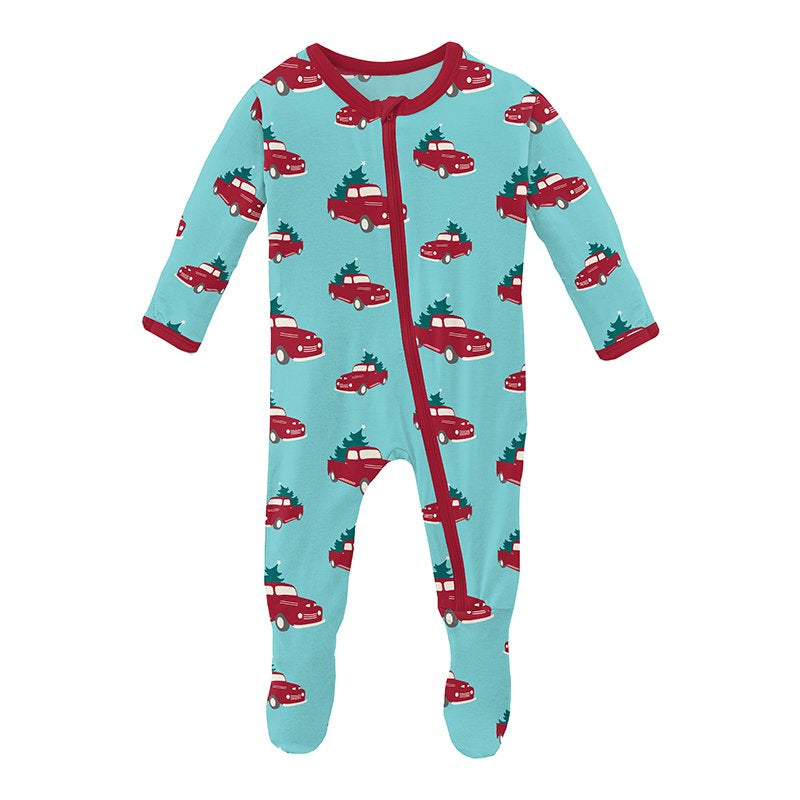 Print Footie with Zipper in Iceberg Trucks and Trees  - Doodlebug's Children's Boutique