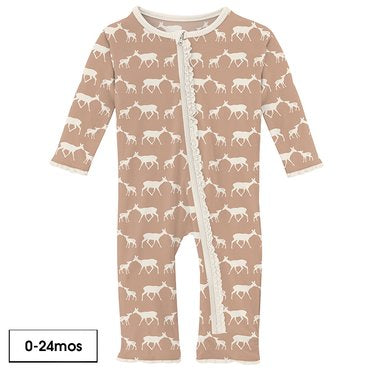 Print Muffin Ruffle Coverall with Zipper in Doe and Fawn  - Doodlebug's Children's Boutique