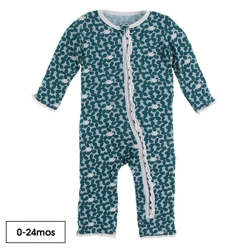 Print Muffin Ruffle Coverall with Zipper in Jade Running Buffalo Clover  - Doodlebug's Children's Boutique