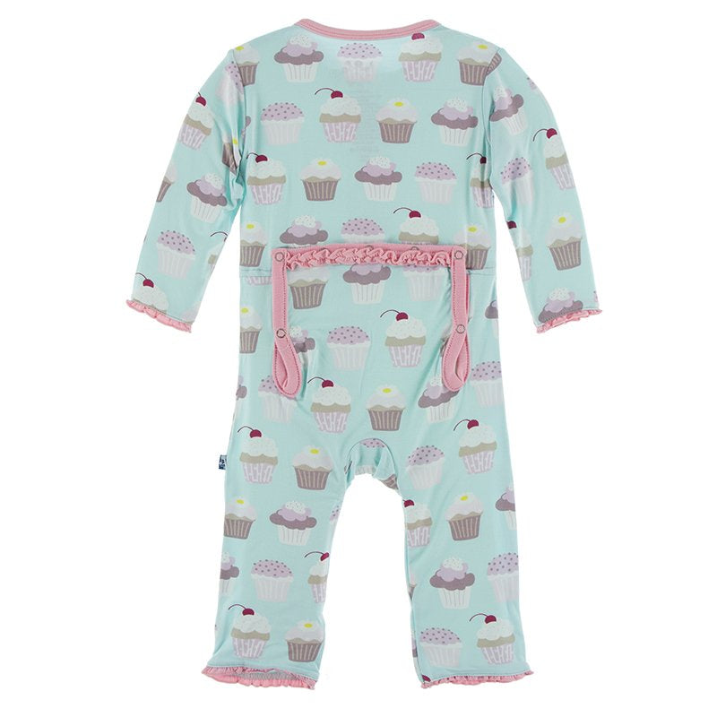 Print Muffin Ruffle Coverall with Zipper in Summer Sky Cupcakes  - Doodlebug's Children's Boutique