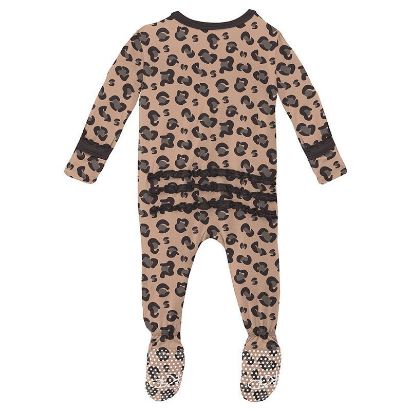Print Muffin Ruffle Footie with Zipper in Suede Cheetah Print  - Doodlebug's Children's Boutique