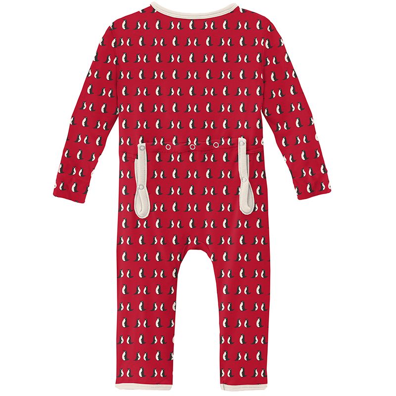 Print Coverall with Zipper in Crimson Penguins  - Doodlebug's Children's Boutique