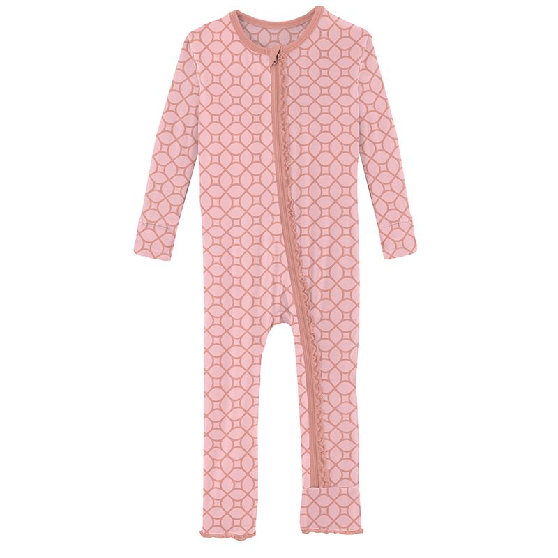 Print Muffin Ruffle Coverall with Zipper in Blush Spring Lattice  - Doodlebug's Children's Boutique