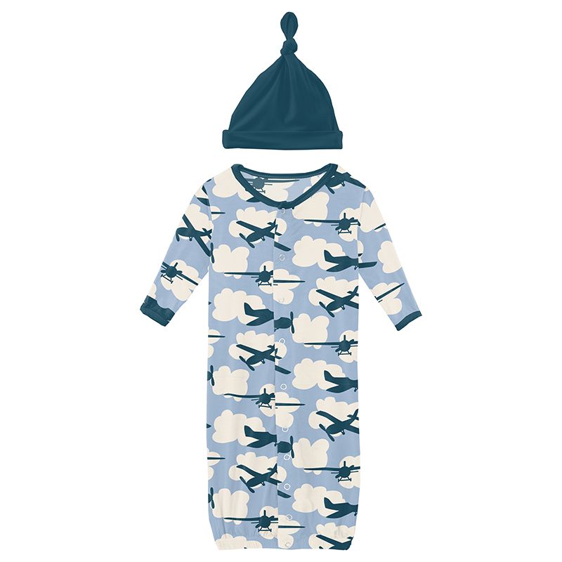 Print Layette Gown Converter and Knot Hat Set in Pond Planes  - Doodlebug's Children's Boutique