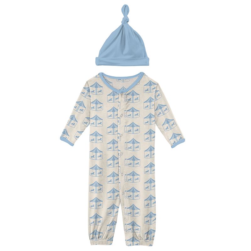 Print Layette Gown Converter and Knot Hat Set in Natural Carousel  - Doodlebug's Children's Boutique