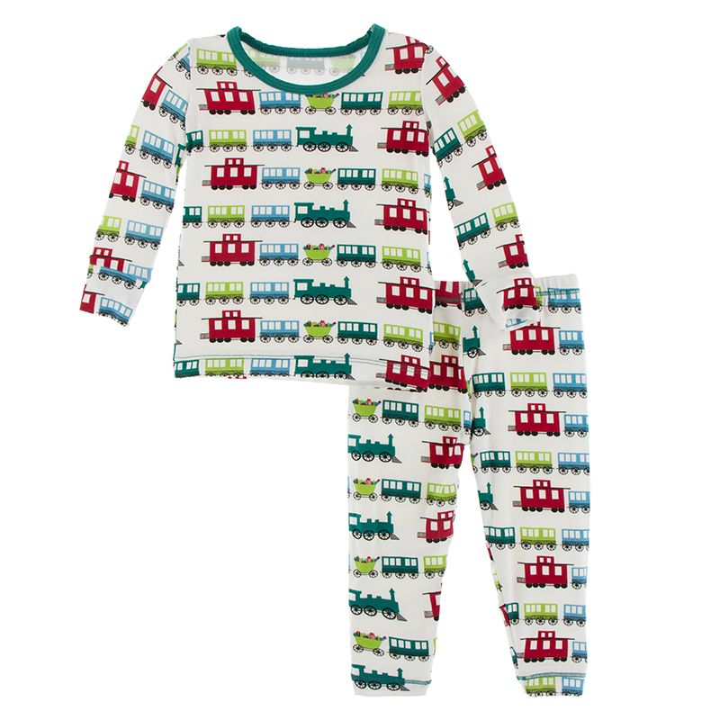 Print Long Sleeve Pajama Set in Natural Toy Train  - Doodlebug's Children's Boutique