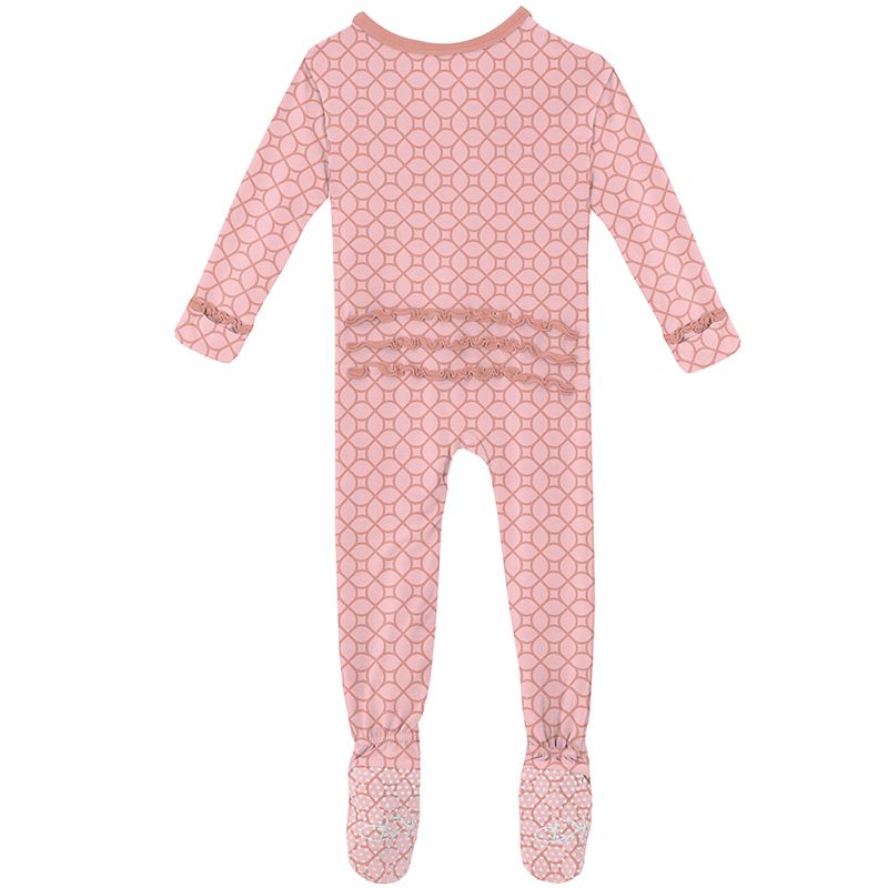 Print Muffin Ruffle Footie with Zipper in Blush Spring Lattice  - Doodlebug's Children's Boutique