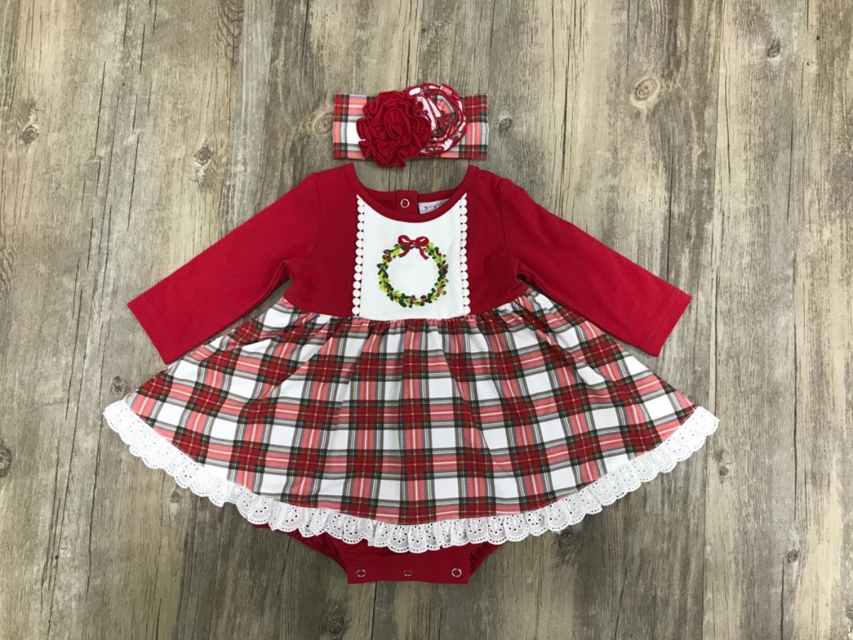 Tartan Plaid Embroidered Wreath Bubble Dress with Headband  - Doodlebug's Children's Boutique
