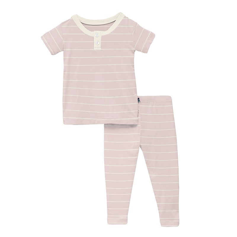Print Short Sleeve Henley Pajama Set in Macaroon Road Trip Stripe  - Doodlebug's Children's Boutique