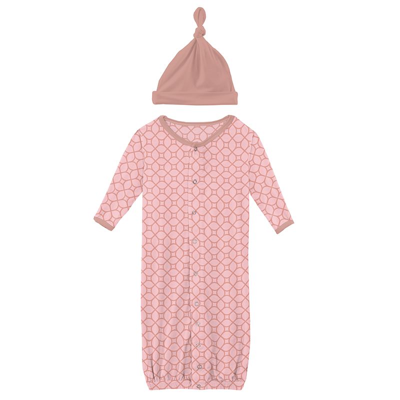 Print Ruffle Layette Gown Converter and Knot Hat Set in Blush Spring Lattice  - Doodlebug's Children's Boutique
