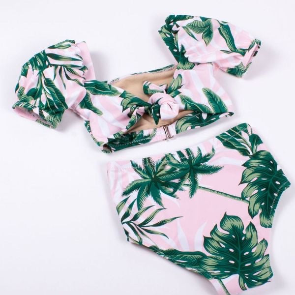 Pink Palm Puff Sleeve High Waist Bikini  - Doodlebug's Children's Boutique