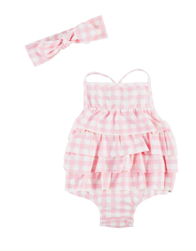 Pink Gingham Swimsuit and Headband  - Doodlebug's Children's Boutique