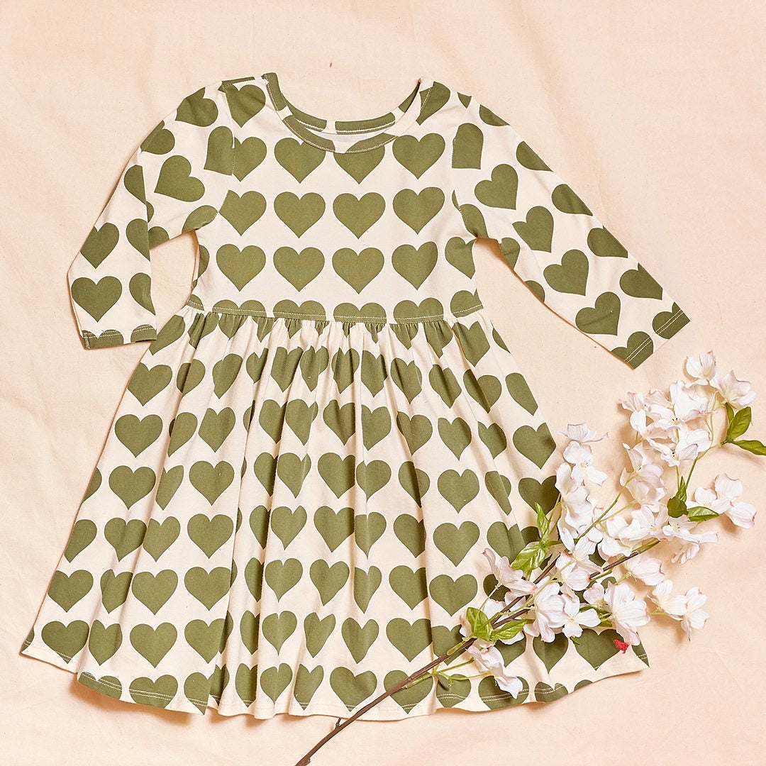 Organic Steph Dress in Capulet Olive Hearts  - Doodlebug's Children's Boutique