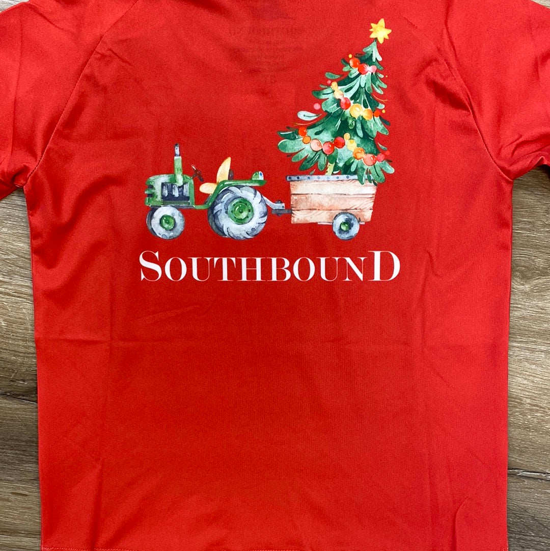 Long Sleeve Performance Tee in Christmas Tractor  - Doodlebug's Children's Boutique