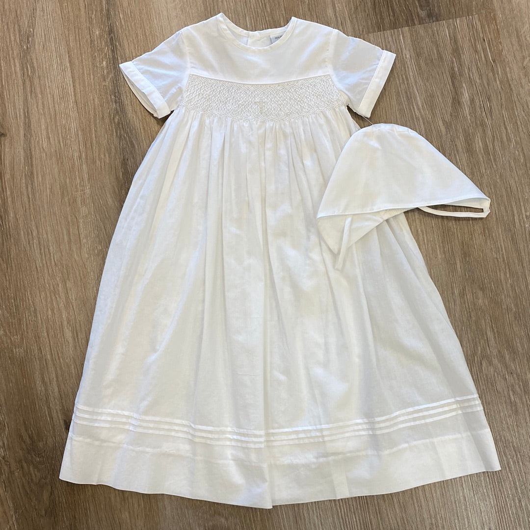 Hand Smocked Cross Gown and Bonnet in Ivory  - Doodlebug's Children's Boutique