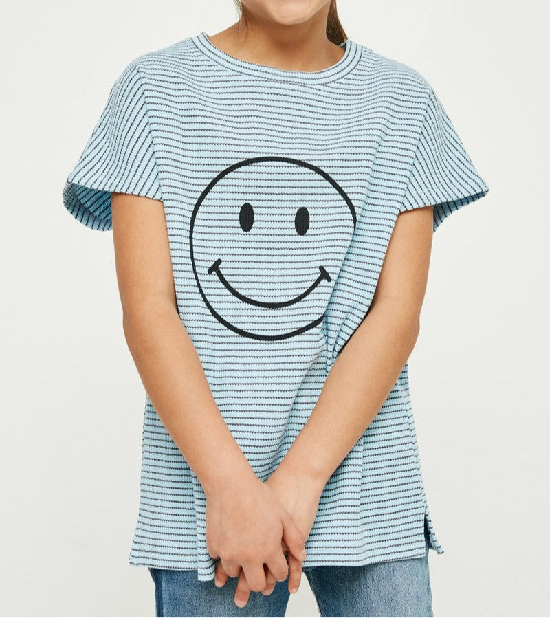 Waffle Knit Happy Face Top in Blue  - Doodlebug's Children's Boutique