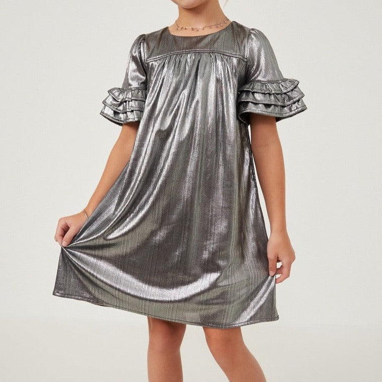 Textured Iridescent Layered Ruffle Sleeve Dress  - Doodlebug's Children's Boutique