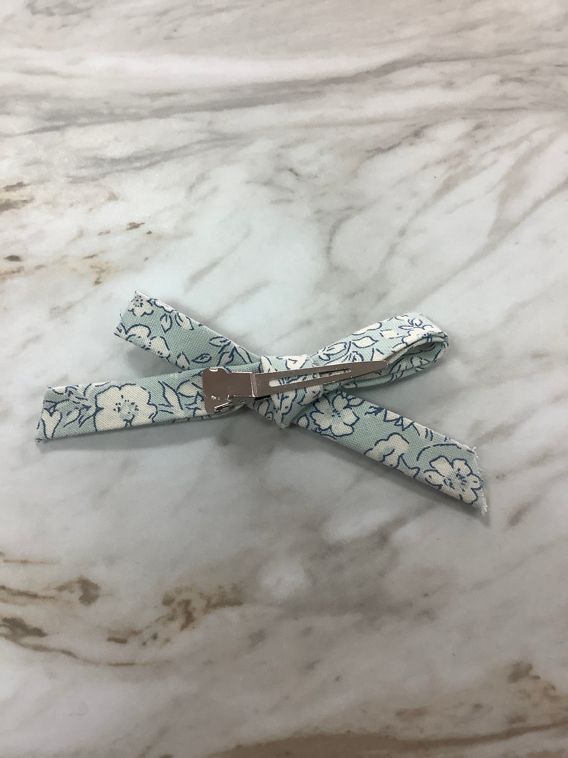 Hand Tied Bow on Clip in Blue Floral  - Doodlebug's Children's Boutique