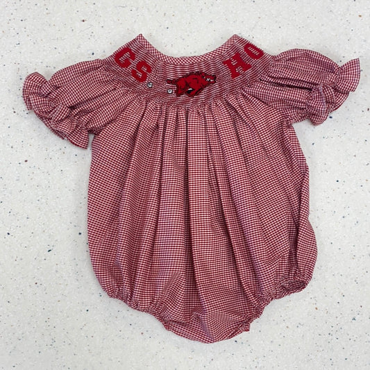 Arkansas Smocked Red Gingham Short Sleeve Girl Bubble  - Doodlebug's Children's Boutique