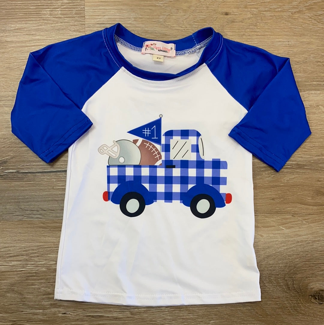Royal Blue Football Truck Raglan  - Doodlebug's Children's Boutique