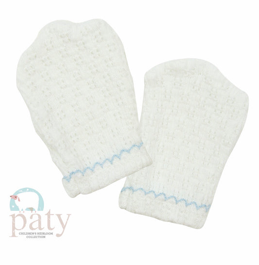 White Mittens with Blue Trim  - Doodlebug's Children's Boutique