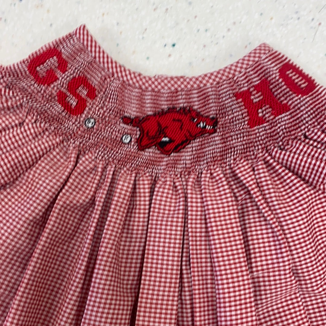 Arkansas Smocked Red Gingham Short Sleeve Girl Bubble  - Doodlebug's Children's Boutique