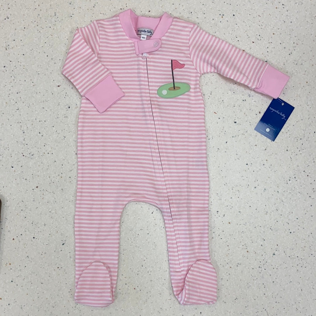 Tee Time Zippered Footie in Pink  - Doodlebug's Children's Boutique
